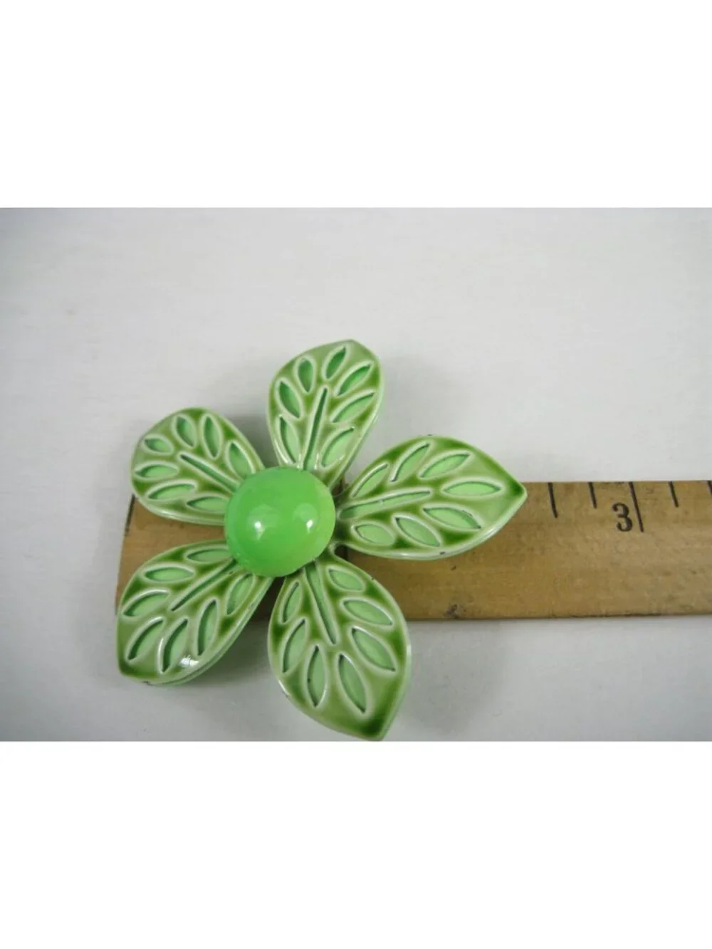 Vintage 1960s Green Enamel Flower Leaf Brooch Pin MOD Mid Century Statement